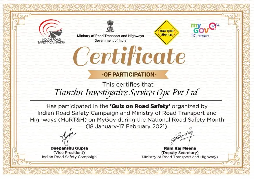 Certificate for road safty